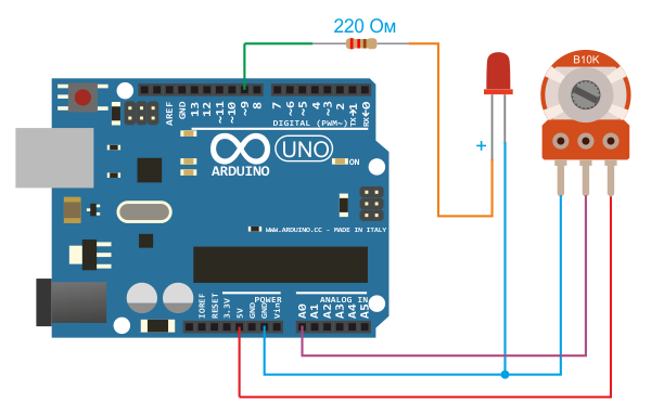 Схема подключения светодиода к Arduino