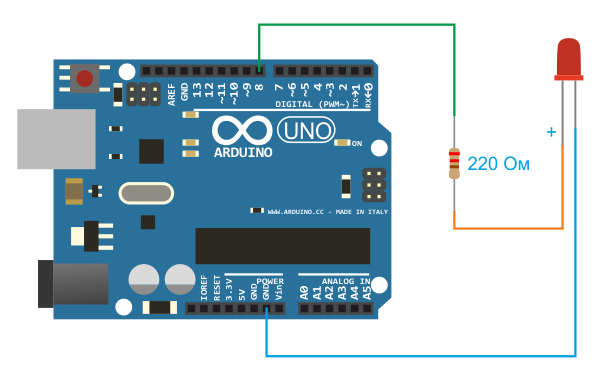 Схема подключения светодиода к Arduino