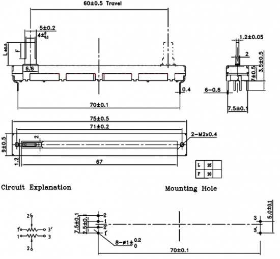 Резистор переменный линейный B 10 кОм, 75 мм
